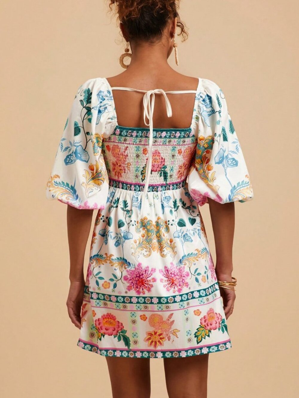Multicolor Boho Women's Woven Print Short Sleeve V-Neck Mini Dress Festival - Picture 2 of 7